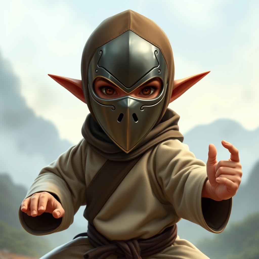 A Dungeons & Dragons-inspired halfling monk character wearing a sleek metal mask that features only two holes for the eyes, conveying an air of mystery