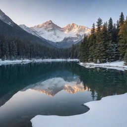 A serene alpine landscape at sunrise with snow-capped mountains, a crystal clear lake, and fir trees dusted with fresh snow.