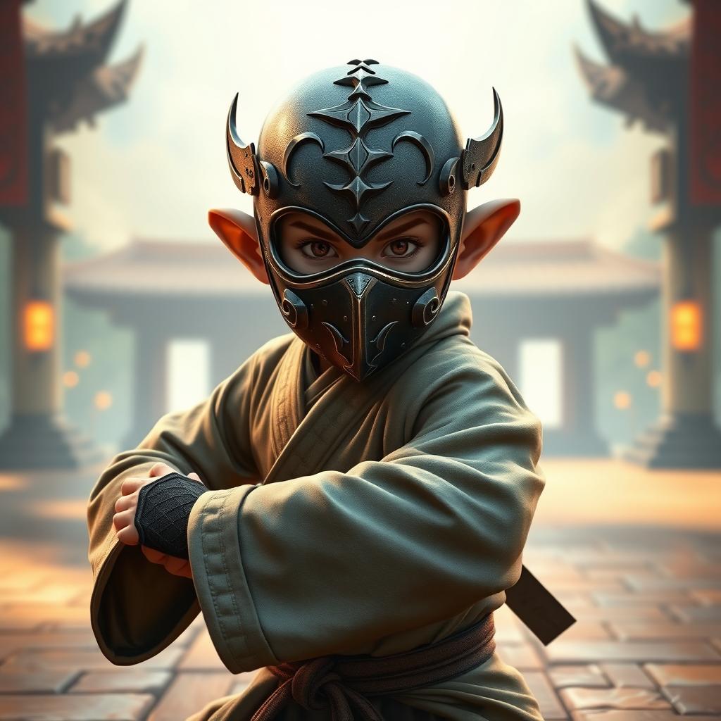 A Dungeons & Dragons halfling monk wearing a unique metal mask inspired by the aesthetic of the game Absolver