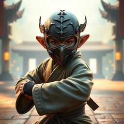 A Dungeons & Dragons halfling monk wearing a unique metal mask inspired by the aesthetic of the game Absolver