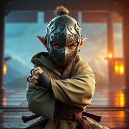 A Dungeons & Dragons halfling monk wearing a unique metal mask inspired by the aesthetic of the game Absolver