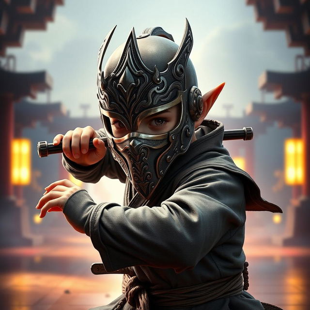 A Dungeons & Dragons halfling monk wearing a unique metal mask inspired by the aesthetic of the game Absolver