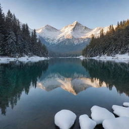 A serene alpine landscape at sunrise with snow-capped mountains, a crystal clear lake, and fir trees dusted with fresh snow.