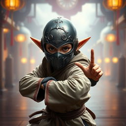 A Dungeons & Dragons halfling monk wearing a unique metal mask inspired by the aesthetic of the game Absolver