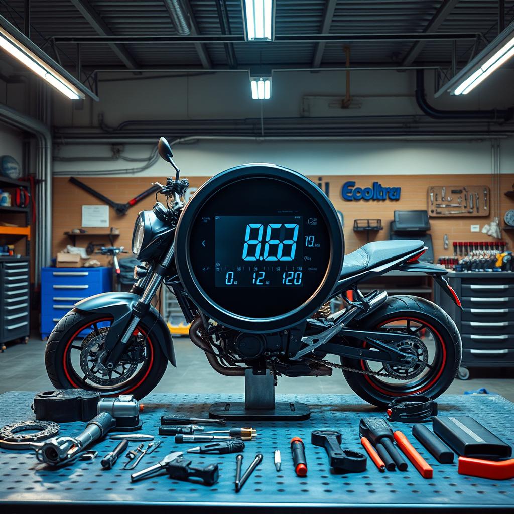 Uma capa de eBook visualmente impactante focada em um multímetro digital centralizado em primeiro plano, localizado em uma oficina de motos da marca Cooltra