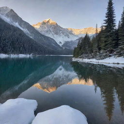 A serene alpine landscape at sunrise with snow-capped mountains, a crystal clear lake, and fir trees dusted with fresh snow.