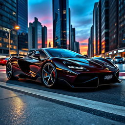 A stunning supercar parked on a dynamic city street, showcasing its sleek aerodynamic design and glossy finish