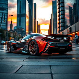 A stunning supercar parked on a dynamic city street, showcasing its sleek aerodynamic design and glossy finish