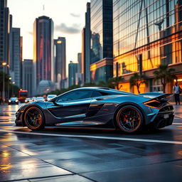 A stunning supercar parked on a dynamic city street, showcasing its sleek aerodynamic design and glossy finish