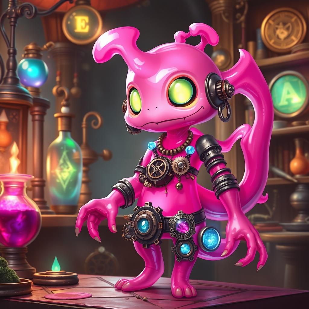 A whimsical pink plazmoid artificer character from Dungeons & Dragons, with a vibrant pink and fuchsia color palette