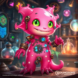 A whimsical pink plazmoid artificer character from Dungeons & Dragons, with a vibrant pink and fuchsia color palette