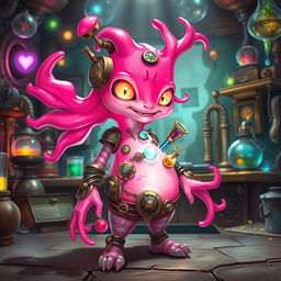 A whimsical pink plazmoid artificer character from Dungeons & Dragons, with a vibrant pink and fuchsia color palette