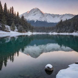 A serene alpine landscape at sunrise with snow-capped mountains, a crystal clear lake, and fir trees dusted with fresh snow.