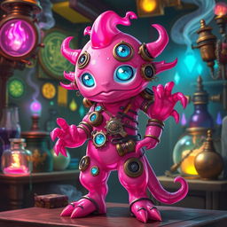 A whimsical pink plazmoid artificer character from Dungeons & Dragons, with a vibrant pink and fuchsia color palette