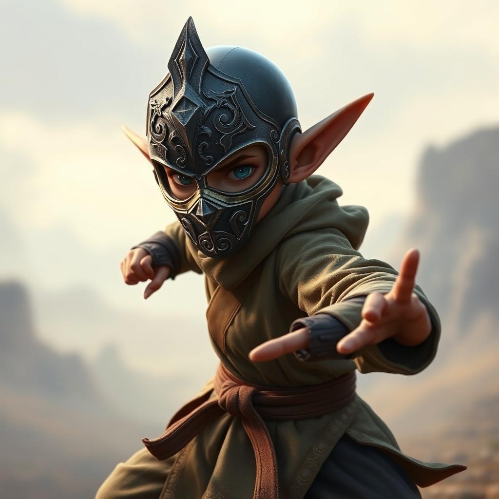 A halfling monk from Dungeons & Dragons, wearing a distinctive metal mask inspired by the designs from the video game 'Absolver'