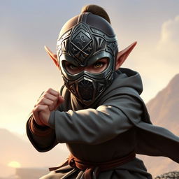 A halfling monk from Dungeons & Dragons, wearing a distinctive metal mask inspired by the designs from the video game 'Absolver'