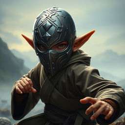 A halfling monk from Dungeons & Dragons, wearing a distinctive metal mask inspired by the designs from the video game 'Absolver'