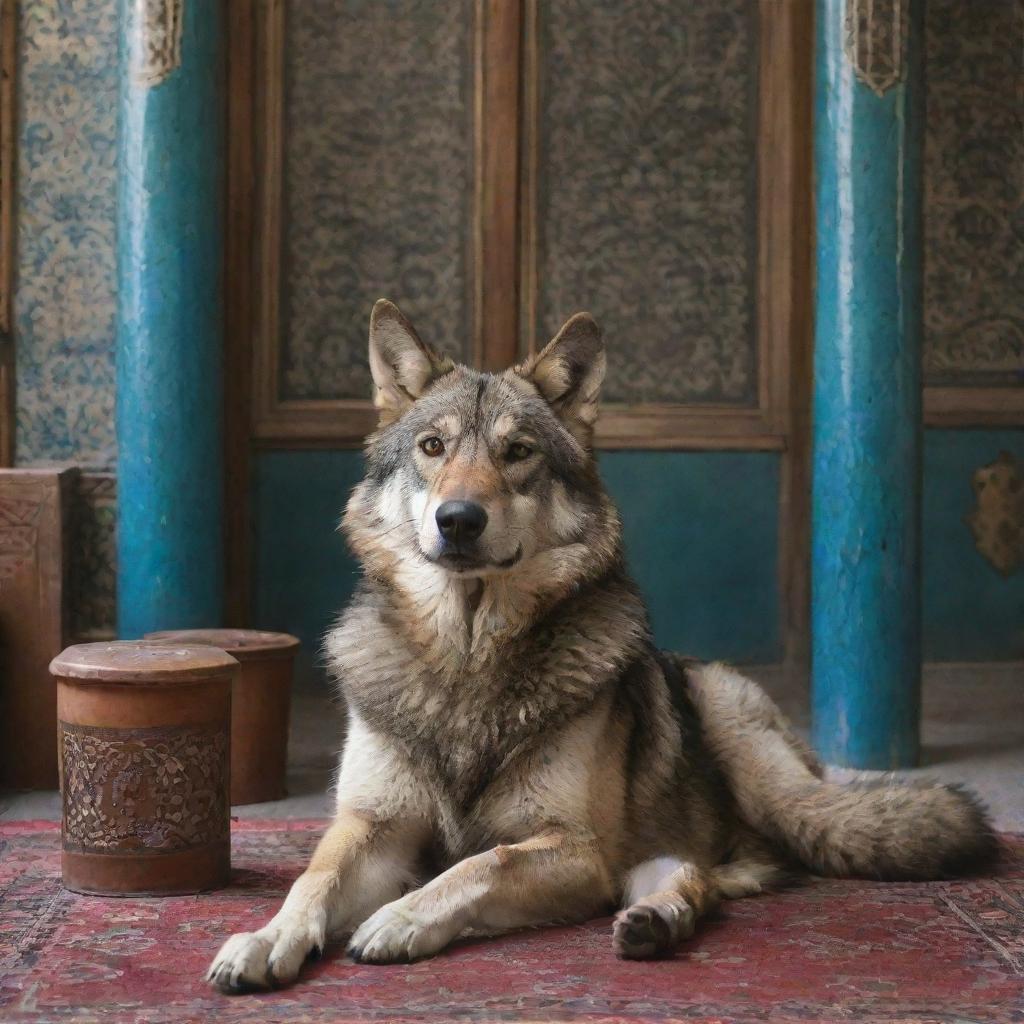 A fierce wolf wearing smoky glasses, seated relaxedly in an authentically Iranian locale, featuring Persian architecture.