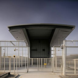 A frontal view of the entrance to a state-of-the-art maximum-security penitentiary, showcasing secured gates, advanced surveillance technology, and intimidating structural design.