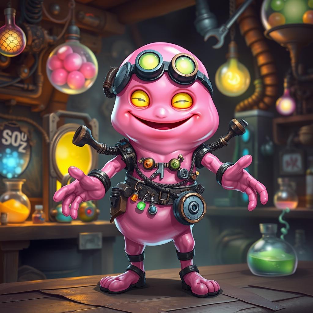 A unique pink slime man artificer character from Dungeons & Dragons, depicted as a joyful, semi-translucent figure with a vibrant pink hue