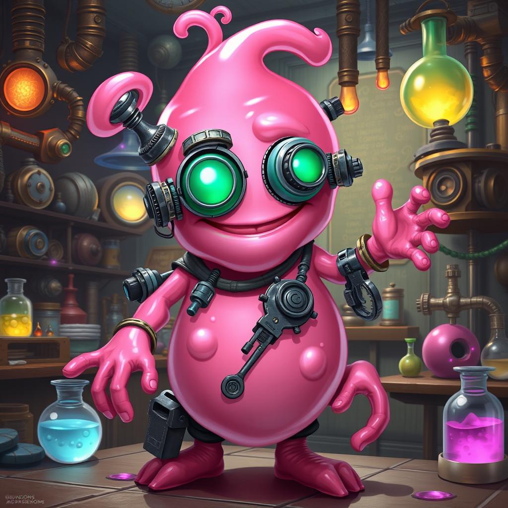 A unique pink slime man artificer character from Dungeons & Dragons, depicted as a joyful, semi-translucent figure with a vibrant pink hue