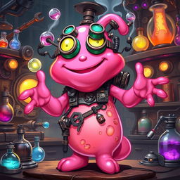 A unique pink slime man artificer character from Dungeons & Dragons, depicted as a joyful, semi-translucent figure with a vibrant pink hue