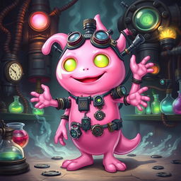 A unique pink slime man artificer character from Dungeons & Dragons, depicted as a joyful, semi-translucent figure with a vibrant pink hue