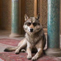 A fierce wolf wearing smoky glasses, seated relaxedly in an authentically Iranian locale, featuring Persian architecture.