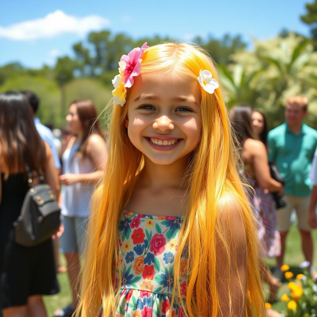 A cheerful girl with long, vibrant yellow hair radiating kindness