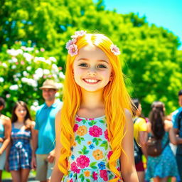 A cheerful girl with long, vibrant yellow hair radiating kindness