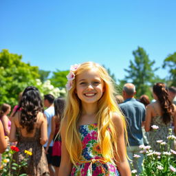 A cheerful girl with long, vibrant yellow hair radiating kindness