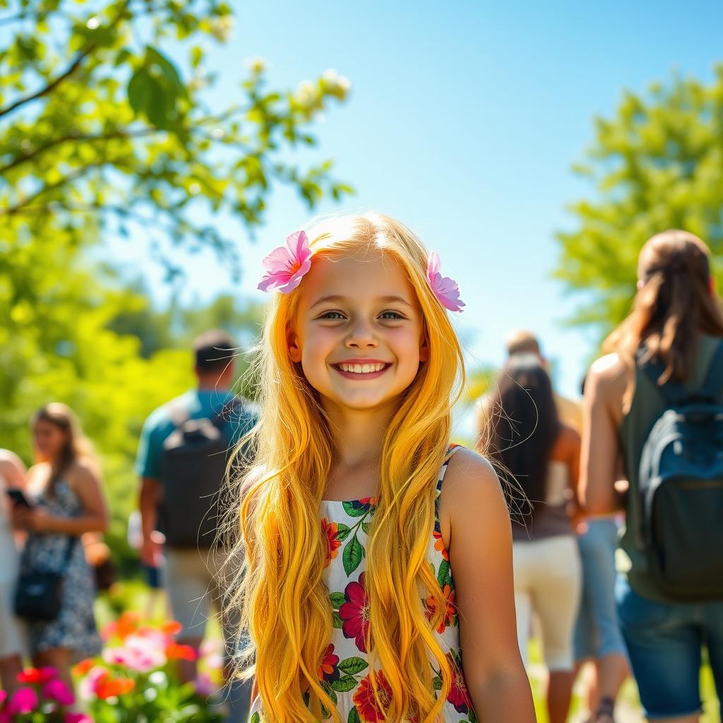 A cheerful girl with long, vibrant yellow hair radiating kindness