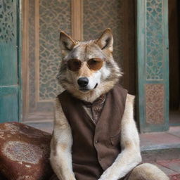 A fierce wolf wearing smoky glasses, seated relaxedly in an authentically Iranian locale, featuring Persian architecture.