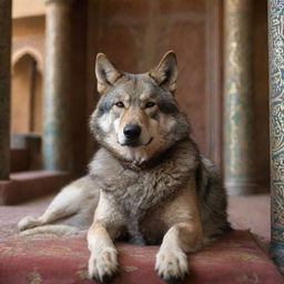 A fierce wolf wearing smoky glasses, seated relaxedly in an authentically Iranian locale, featuring Persian architecture.