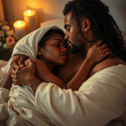 A sensual and passionate scene featuring two adults in an intimate embrace, wrapped in soft sheets