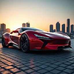 A sleek, futuristic supercar parked in a luxurious setting, featuring a glossy red exterior with aerodynamic curves, striking LED headlights that illuminate the scene, and high-performance tires showcasing intricate tread patterns