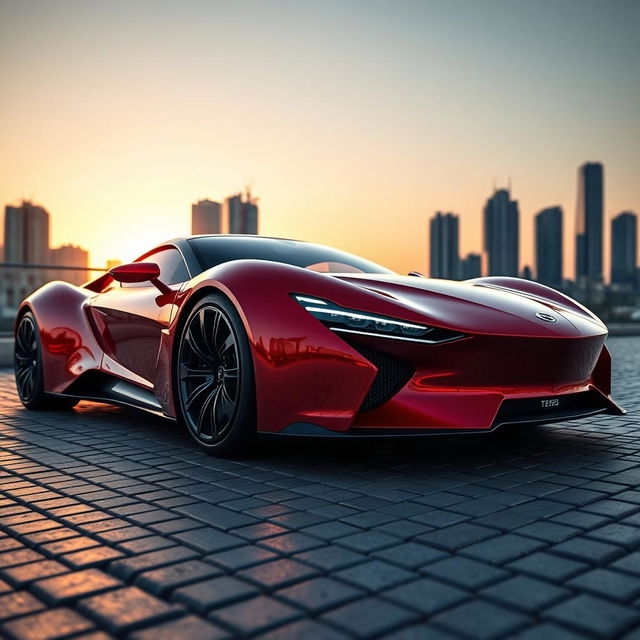 A sleek, futuristic supercar parked in a luxurious setting, featuring a glossy red exterior with aerodynamic curves, striking LED headlights that illuminate the scene, and high-performance tires showcasing intricate tread patterns