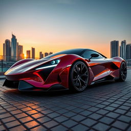 A sleek, futuristic supercar parked in a luxurious setting, featuring a glossy red exterior with aerodynamic curves, striking LED headlights that illuminate the scene, and high-performance tires showcasing intricate tread patterns