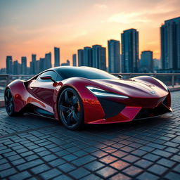 A sleek, futuristic supercar parked in a luxurious setting, featuring a glossy red exterior with aerodynamic curves, striking LED headlights that illuminate the scene, and high-performance tires showcasing intricate tread patterns