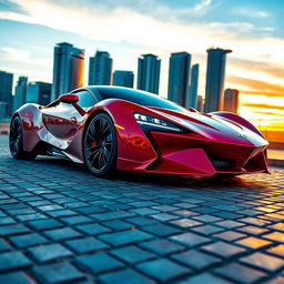 A sleek, futuristic supercar parked in a luxurious setting, featuring a glossy red exterior with aerodynamic curves, striking LED headlights that illuminate the scene, and high-performance tires showcasing intricate tread patterns