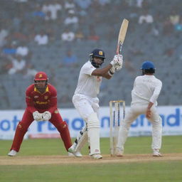 A thrilling test match between the Sri Lanka and Afghanistan cricket teams. The image captures the passion, intensity, and precision of the game in a highly immersive stadium.