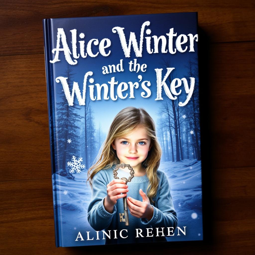 A captivating book cover for "Alice Winter and the Winter’s Key" featuring a snowy landscape with gently falling snowflakes and a dimly lit forest in the background