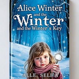 A captivating book cover for "Alice Winter and the Winter’s Key" featuring a snowy landscape with gently falling snowflakes and a dimly lit forest in the background