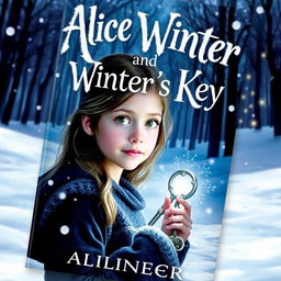 A captivating book cover for "Alice Winter and the Winter’s Key" featuring a snowy landscape with gently falling snowflakes and a dimly lit forest in the background