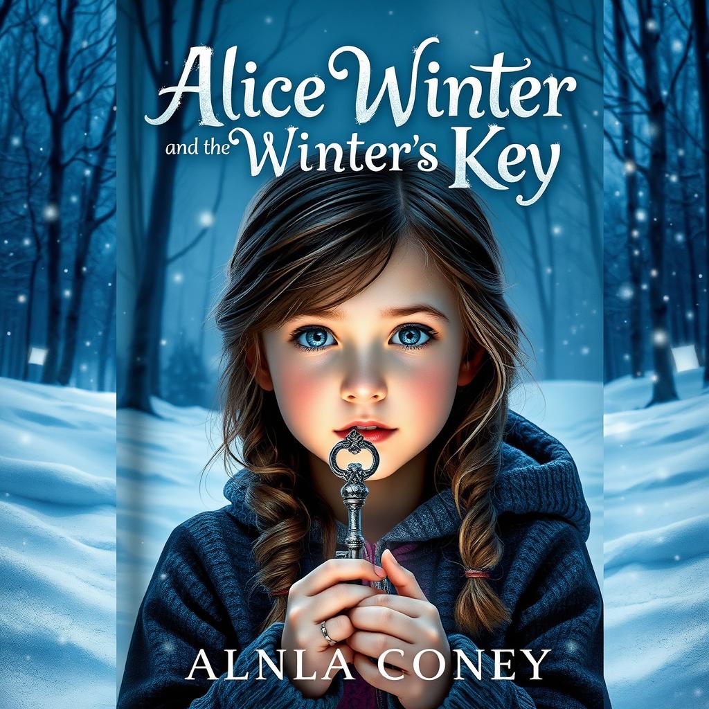 A captivating book cover for "Alice Winter and the Winter’s Key" featuring a snowy landscape with gently falling snowflakes and a dimly lit forest in the background