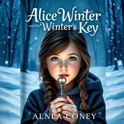 A captivating book cover for "Alice Winter and the Winter’s Key" featuring a snowy landscape with gently falling snowflakes and a dimly lit forest in the background