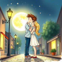 A whimsical and cute drawing of a blonde girl kissing a brown-haired guy under a bright full moon