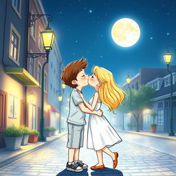 A whimsical and cute drawing of a blonde girl kissing a brown-haired guy under a bright full moon