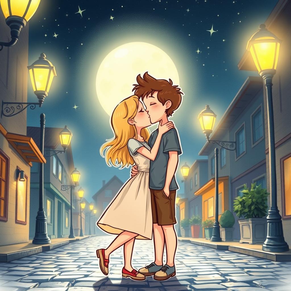 A whimsical and cute drawing of a blonde girl kissing a brown-haired guy under a bright full moon