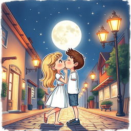 A whimsical and cute drawing of a blonde girl kissing a brown-haired guy under a bright full moon